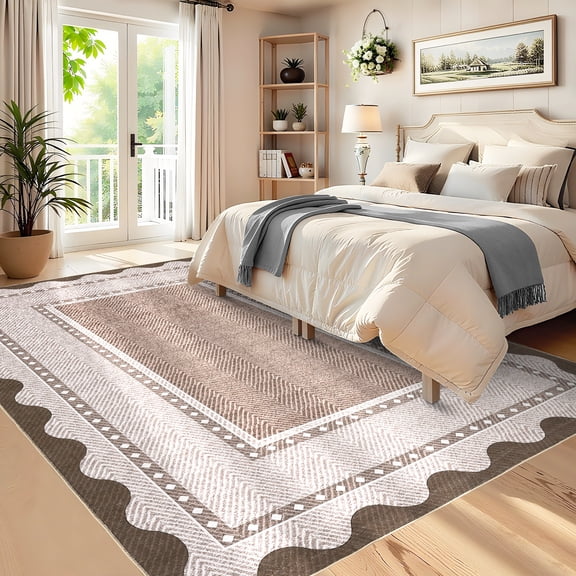 Modern Neutral Area Rug 5x7 Non Slip Washable Rugs for Living Room, Contemporary Border Print Pattern Foldable Soft Carpet, Low Pile Floor Mats for Dining Room, Bedroom, Red Brown