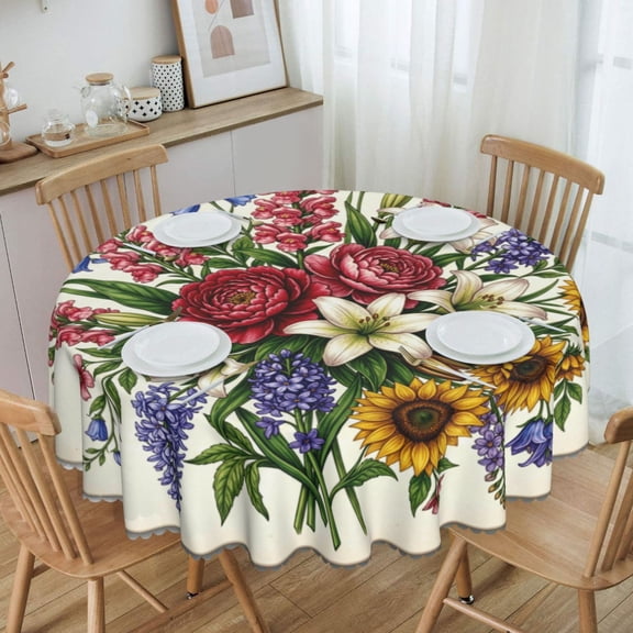 Peonies, Sunflowers, Lilies, Bluebells Round Tablecloth Waterproof Oil-Proof Plastic Table Cloth Stain-Resistant Wipeable 60" for Camping, Dining, Indoor and Outdoor