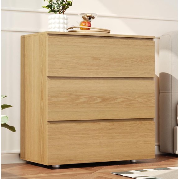 Modern Night Stand with 3 Storage Drawers for Bedroom, Bed Side Tables Bedroom, Freestanding Nightstand with 4 Legs and Concealed Handles, Vintage End Side Table for Living Room, Natural