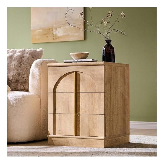 Modern Night Stand with Arched Panel, 18" Nightstand with Charging Station, Side Table with 3 Storage Drawers, Wood Square Bedside End Table for Bedroom Living Room, Natural Oak