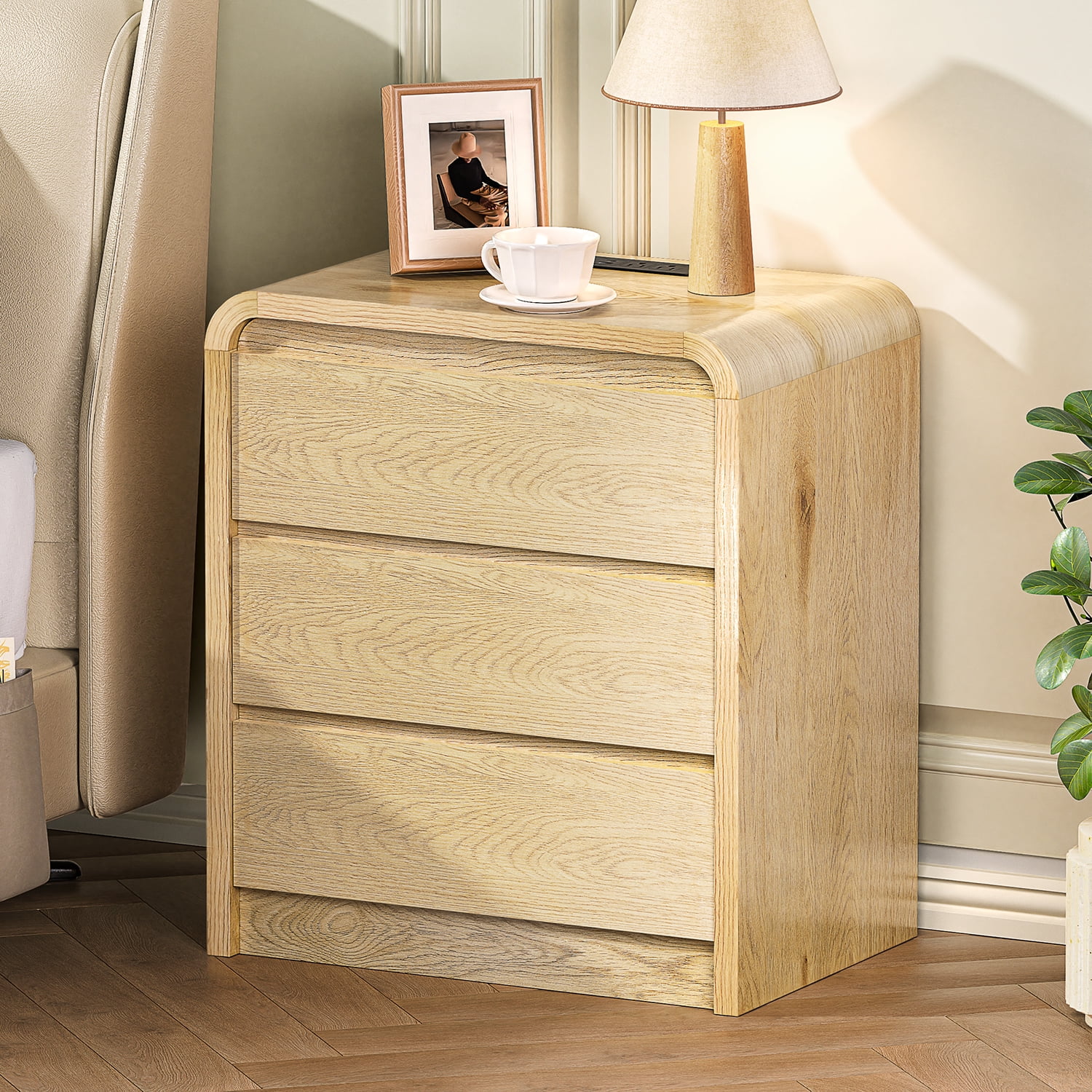 Modern Night Stand with Charging Station, 25" Tall Wood Nightstand Bedside Table with 3 Drawers & USB Ports, Mid-Century End Table for Bedroom (Nature Smooth, 3 Drawers)