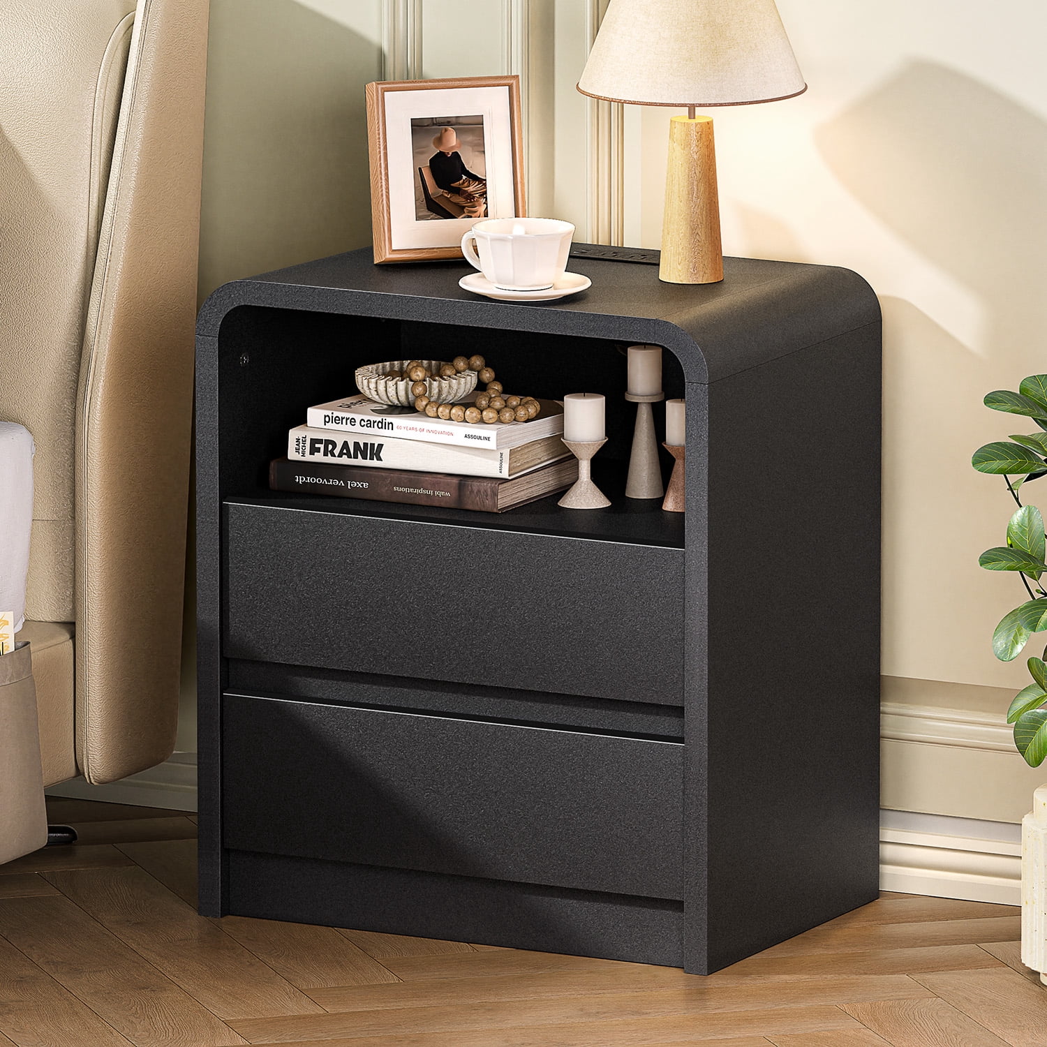 Modern Night Stand with Charging Station, 25" Tall Wood Nightstand Bedside Table with USB Ports, Mid-Century End Table for Bedroom (Black Smooth, 2 Drawers)