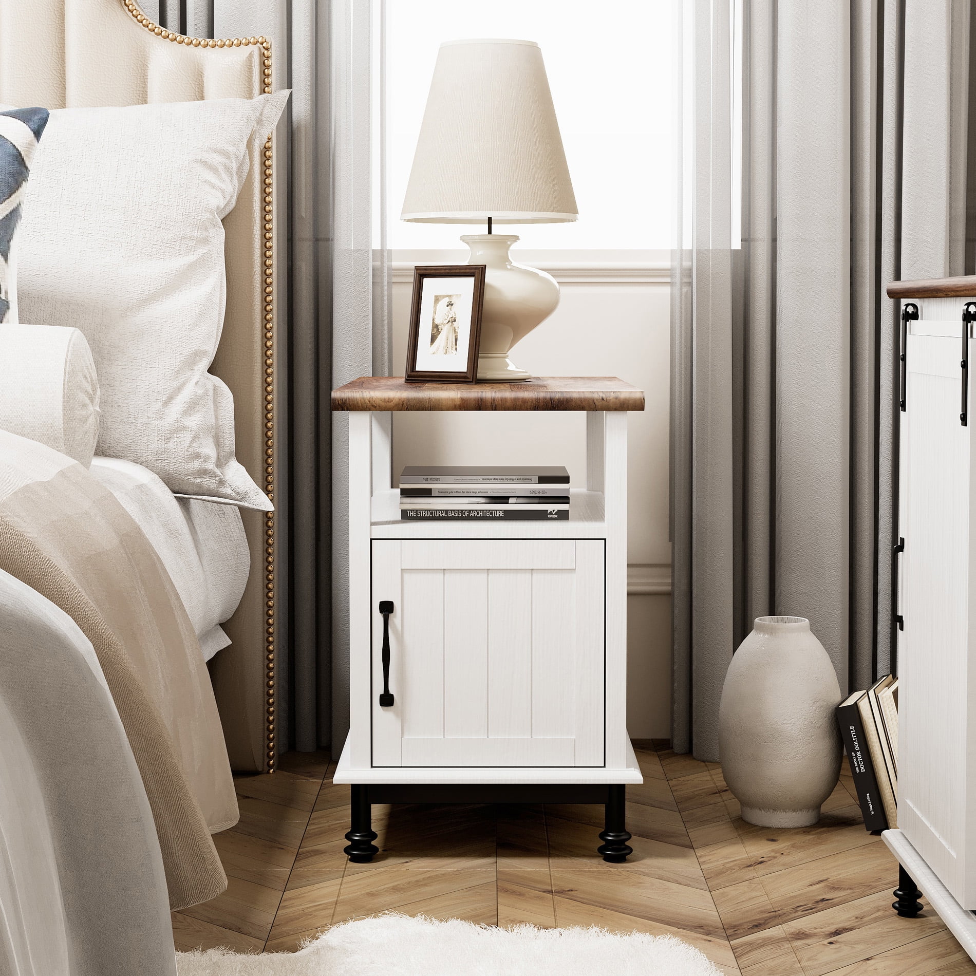 White Oak Night Stand Modern End Table with Charging Station - Walmart.com