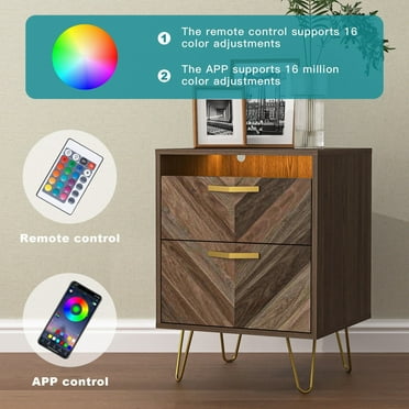 Modern Night Stand with Mobile APP Remote Light, Jointed Wood Grain Bedside Table for Bedroom Rustic Brown