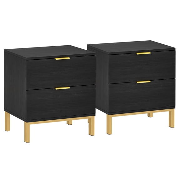 Modern Night Stands, End Side Table with 2 Drawers, Decoration in Living Room, Bedroom, Lounge, Nightstand with Gold Legs, Black, Set of 2