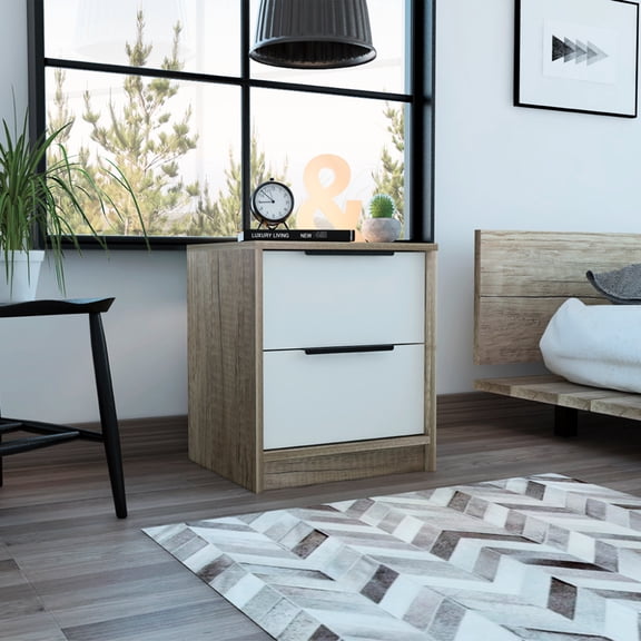 Modern Nightstand 19" H, 2 Drawers, White/ Oak Trait, Storage Unit 18" High Night Stand With Two Aesthetic, Extra