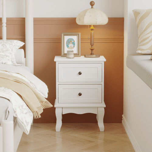 Modern Nightstand with 2 Drawers, French Country Bedside Table with Elegant Carved Legs, Small End Table for Bedroom, Living Room, Guest Room, White (1 PC)