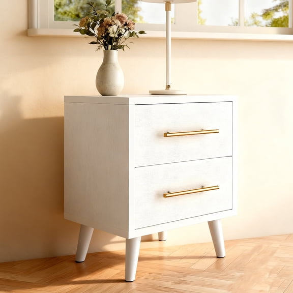 Modern Nightstand - 20" Height Wooden Bedside Table with 2 Drawers, Gold Handles, Wide Storage Dresser for Bedroom, White