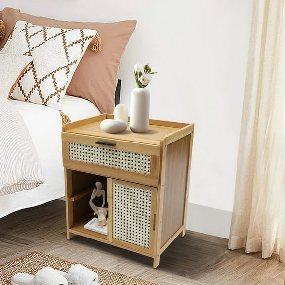 Modern Nightstand Bed Side Table End Table Bamboo Storage Cabinet with Drawer Shelf