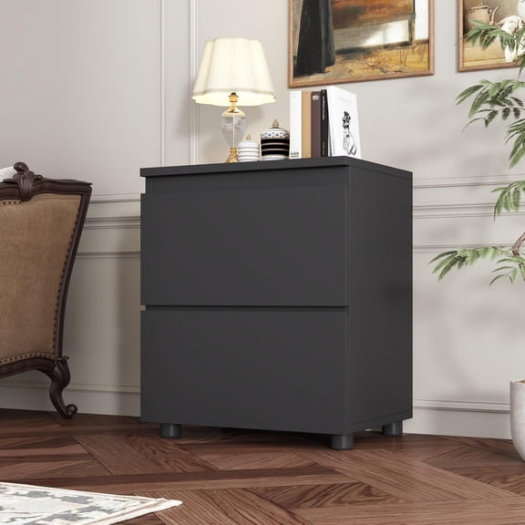 Modern Nightstand Bed Side Table with 2 Drawers, Night Stand with No Handle Design, End Sofa Table for Living Room, Black 15.7”W x 11.6”D x 18.9”H