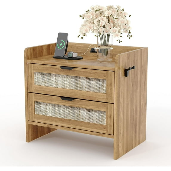 Modern Nightstand, Bedside Table, Night Stand with Type-C Charging Station, 2 Drawer Storage Space, for Bedroom, Office, or Living Room as a End Table, Side Tables, Walnut