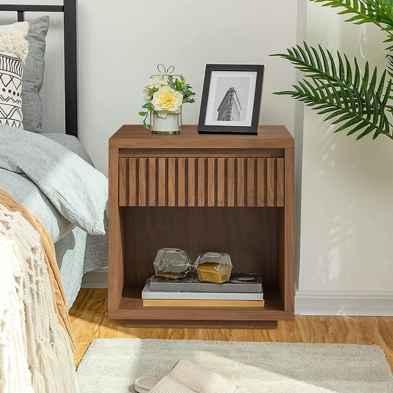 Modern Nightstand, Bedside Table with Drawer and Opening Shelf, End Table for Living Room, Bedroom, Walnut Color