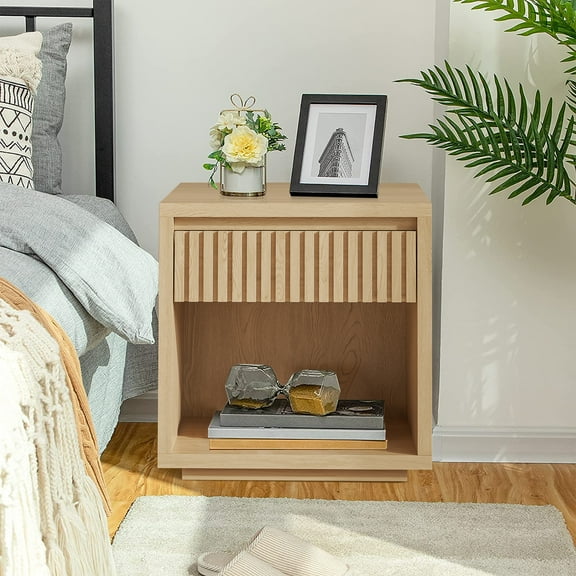 Modern Nightstand, Bedside Table with Drawer and Opening Shelf, End Table for Living Room, Bedroom, Wood Color