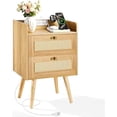 thumbnail image 1 of Modern Nightstand with Charging Station, 2 Drawers, Boho Style Rattan Decor Bedside Table, Solid Wood Legs, Open Storage End Table for Bedroom Living Room Dorm – Natural, 1 of 5