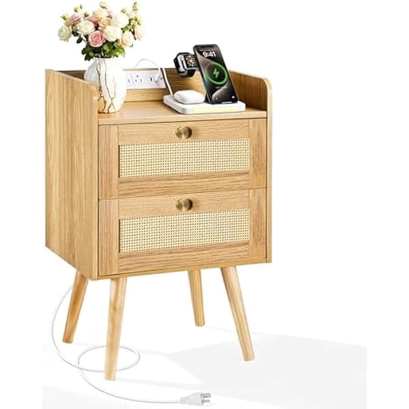 Modern Nightstand with Charging Station, 2 Drawers, Boho Style Rattan Decor Bedside Table, Solid Wood Legs, Open Storage End Table for Bedroom Living Room Dorm – Natural