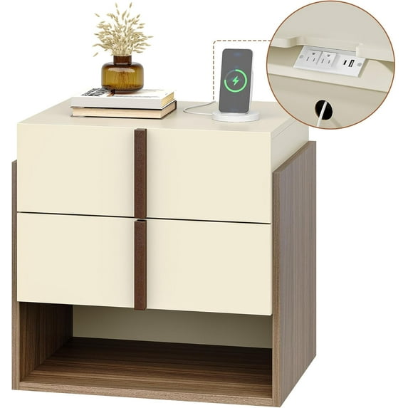 Modern Nightstand with Charging Station, 20" MCM Bedside Table with 2 Drawers & Open Storage Shelf, End Table with USB Ports and Power Outlets for Bedroom, Living Room, Cream White & Walnut