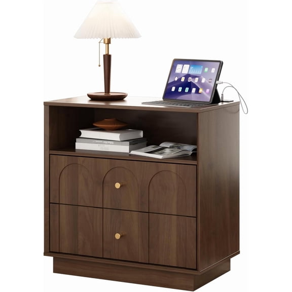 Modern Nightstand with Charging Station,24" Large Night Stand with Arched Design, Mid Century End Table with 2 Storage Drawers, Bedside Tables for Bedroom, Living Room, Sofa Office,Walnut