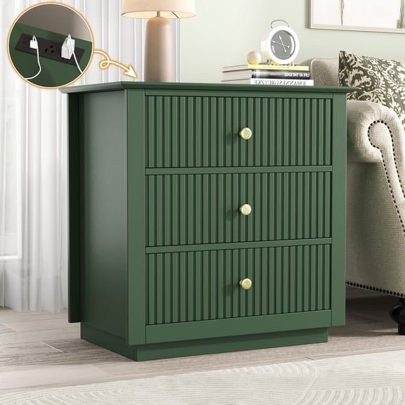 Modern Nightstand with Charging Station & 3 Drawers, 24 Inch Wide Bedside Table Set of 2 for Bedroom and Living Room, Large Storage End Table with Fluted Design, Green