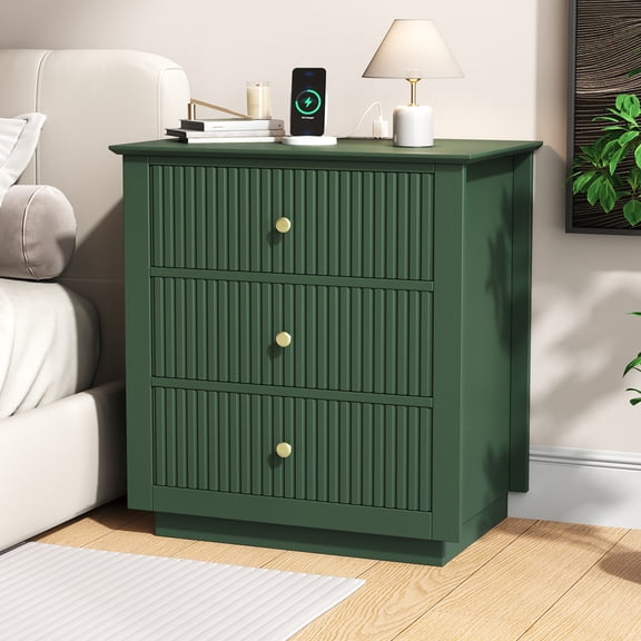 Modern Nightstand with Charging Station & 3 Drawers, 24 Inch Wide Bedside Table Set of 2 for Bedroom and Living Room, Large Storage End Table with Fluted Design, Green