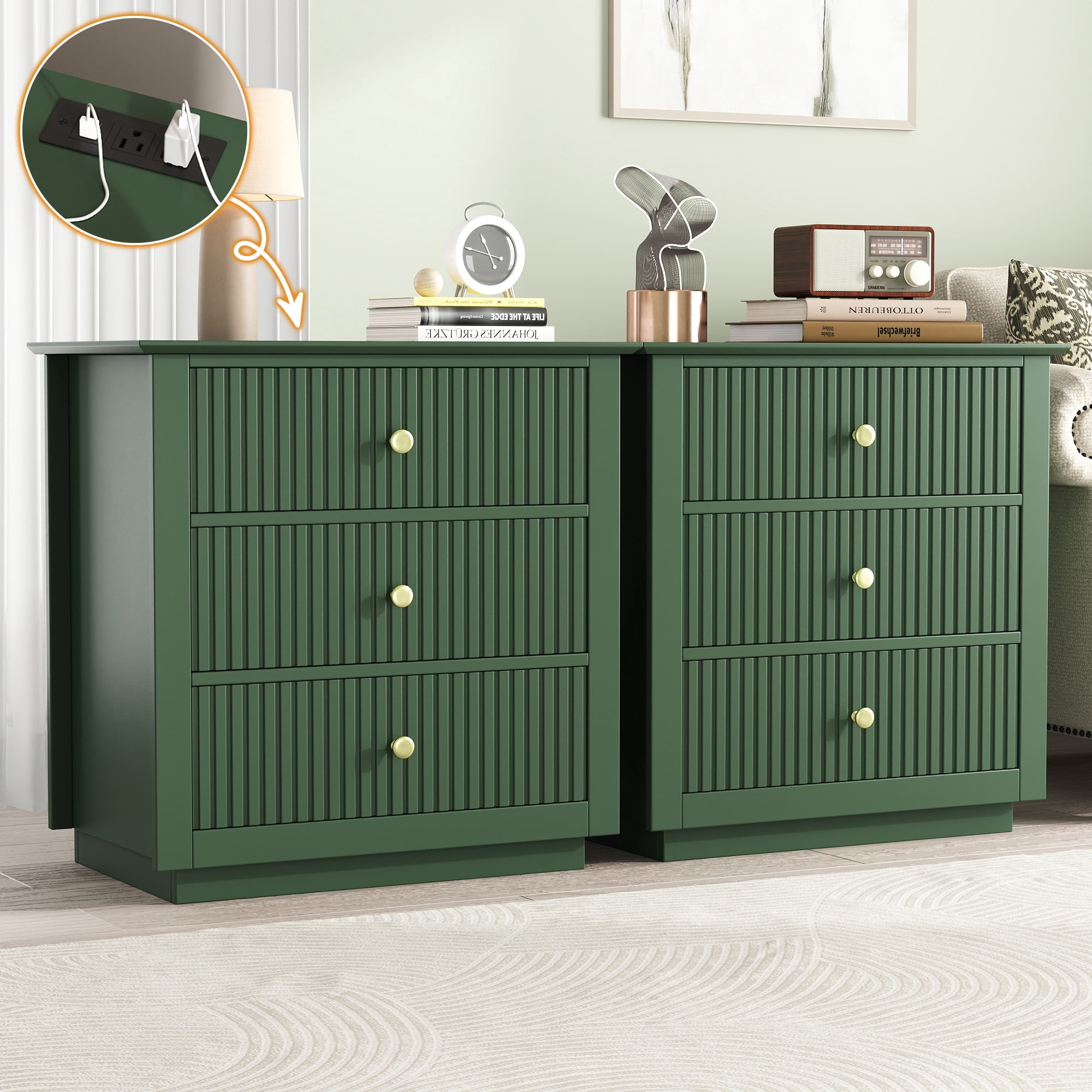 Modern Nightstand with Charging Station & 3 Drawers, 24 Inch Wide Bedside Table Set of 2 for Bedroom and Living Room, Large Storage End Table with Fluted Design, Green