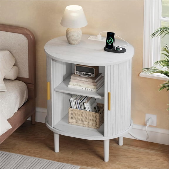 Modern Nightstand with Charging Station, Fluted Accent Side Table with Sliding Door & Adjustable Shelf, End Table for Small Space, Living Room, Bedroom,Sofa Couch (White)