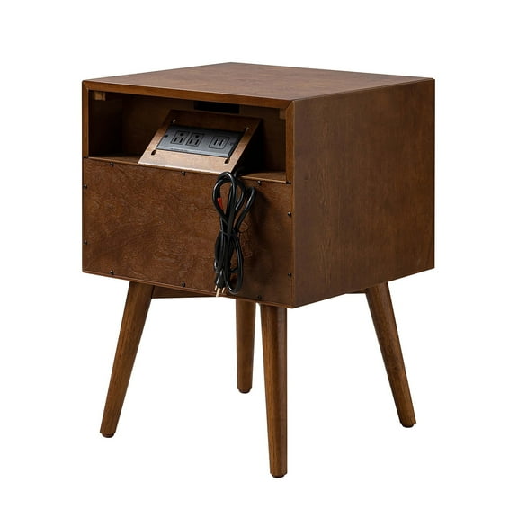 Modern End Table Charging Station Hidden 2 Drawers Wooden Table Living Room, Walnut