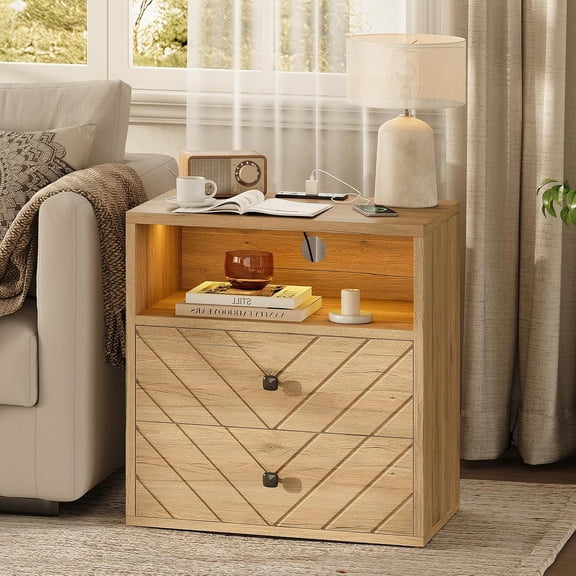 Modern Nightstand with Charging Station,LED Bedside Table with 2 Storage Drawers and Open Storage Cabinet,Wood Large End Table for Bedroom Furniture,Oak