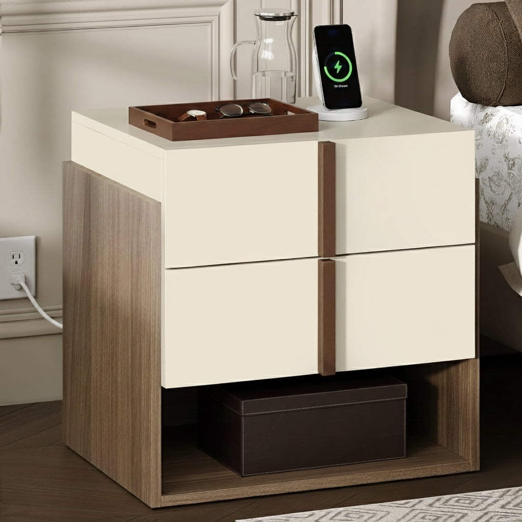 2 Drawers Nightstand with Charging Station, 20" Tall Two-Tone Beige and Light Walnut Bedside Table End Table for Bedroom or Living Room