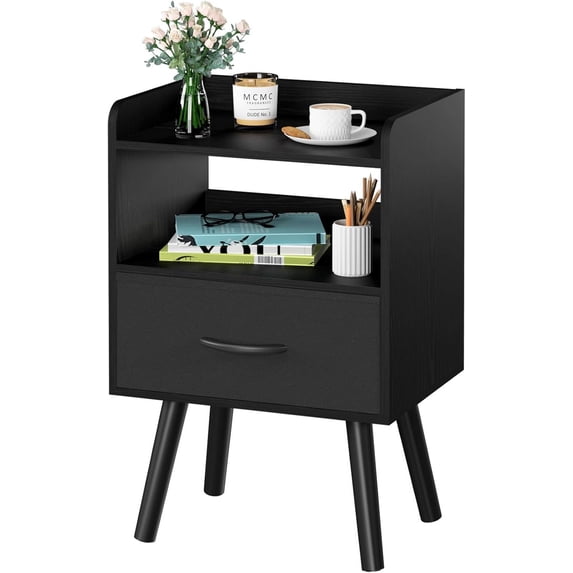 Modern Nightstand with Drawer, Bedside Tables, Mid Century Nightstands with Open Storage Shelf, Wood Bedside Table, Small Night Stands for Bedrooms, 2-Tier Night Table