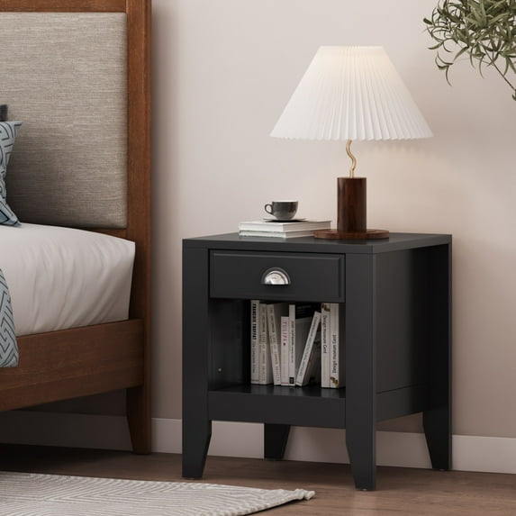 Modern Nightstand with Drawer, Bedside Tables, Mid Century Nightstands with Open Storage Shelf, Wood Bedside Table, Small Night Stands for Bedrooms, 2-Tier Night Table
