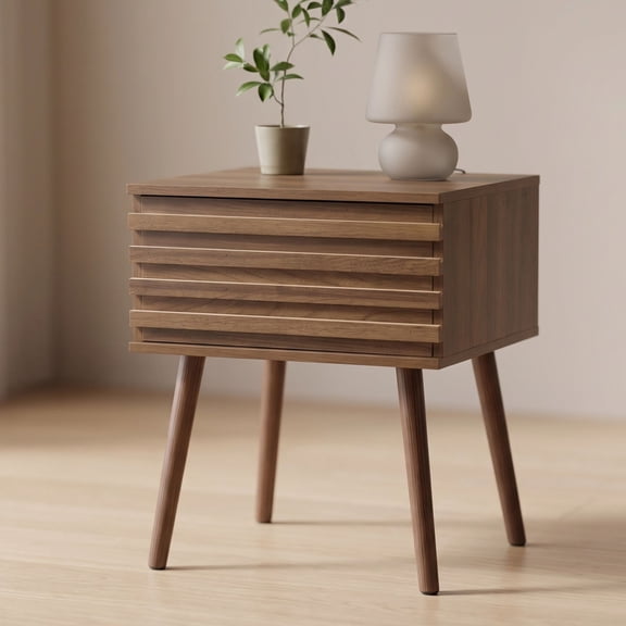 Modern Nightstand With Drawer, Mid‑Century Small Nightstands With Slatted Front For Bedroom, Living Room & Dorm, Wood Bedside End Table, Easy Assembly | Walnut Brown