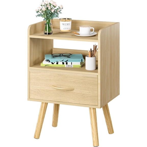 Modern Nightstand with Fabric Drawer, Bedside Tables, Mid Century Nightstand with Open Storage Shelf, Wood Bedside Table, Small Night Stands for Bedrooms, 2-Tier Night Table