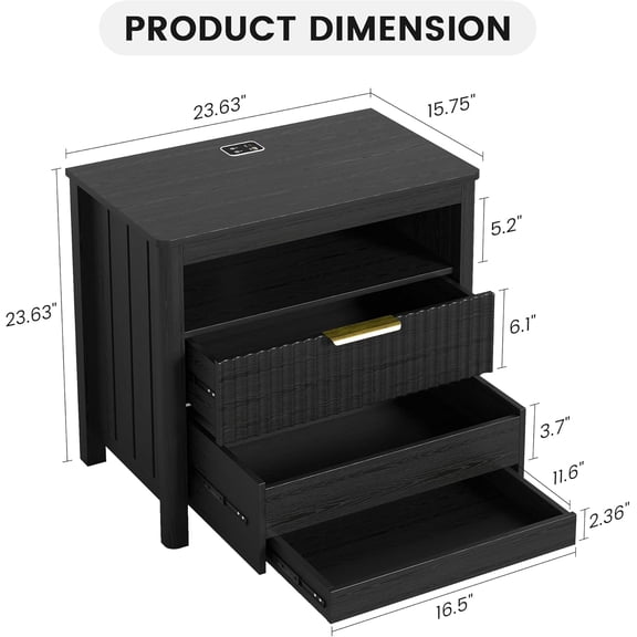 Modern Nightstand with Hidden Gun Drawer, Smart Bedside Table with Charging Station, 3-Color LED Lights & Motion Sensor, 3 Drawer End Table with Open Shelf for Bedroom, Black