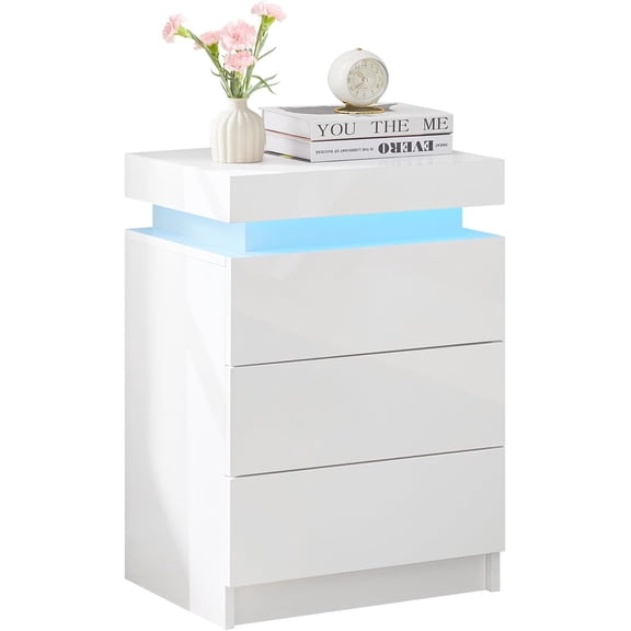 Modern Nightstand with LED Light, Smart Bedside Table with 3 Drawers and Flip Top Storage Cabinet, High Gloss Side Table End Table for Bedroom (White)