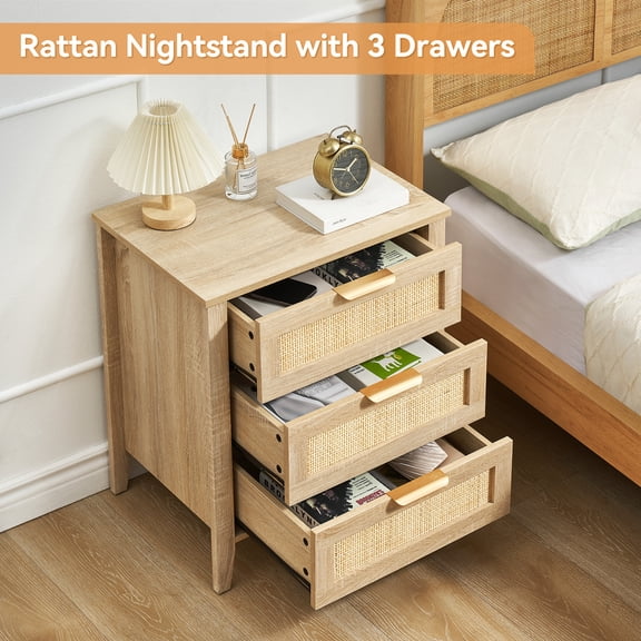 Modern Nightstand, Rattan End Table, Nightstand with 3 Natural Rattan Drawers, Strong Support Wooden Structure, Side Table with Storage Drawers for Bedroom, Living Room, Natural