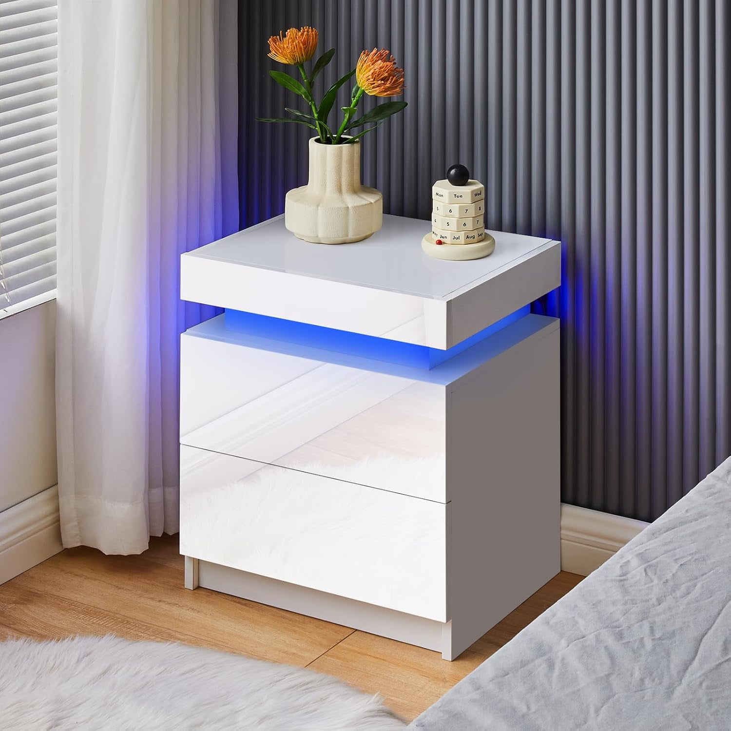 Modern Nightstand Set of 2, LED Night Stand with 2 High Gloss Chest of ...