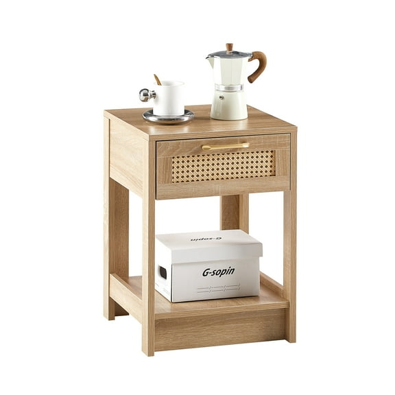 Modern Nightstand Side Table 15.75" Rattan End Table with Drawer MDF Storage Accent Table for Living Room Bedroom Natural