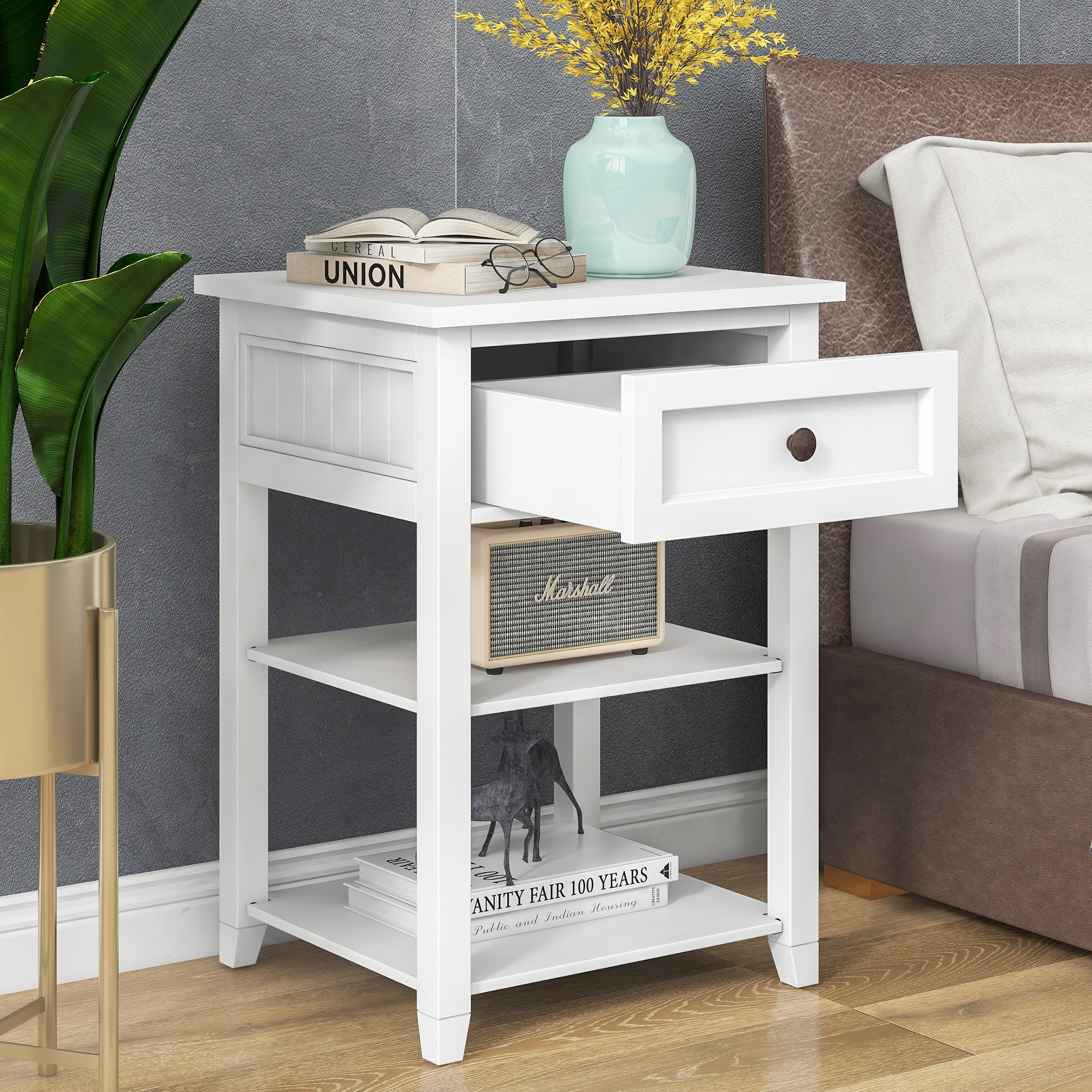 Modern Nightstand with Storage Drawer and Two-Tier Shelves, Wooden End ...