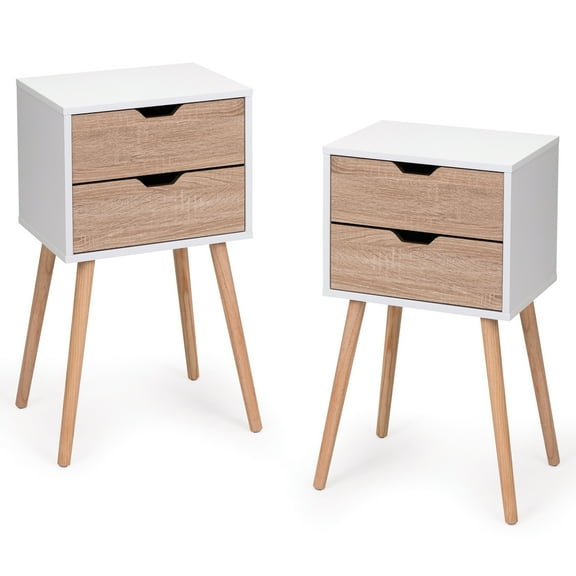 Modern Nightstand With 2 Drawers, White Walnut Finish, Solid Wood Support For Living Room Legs, Accessory