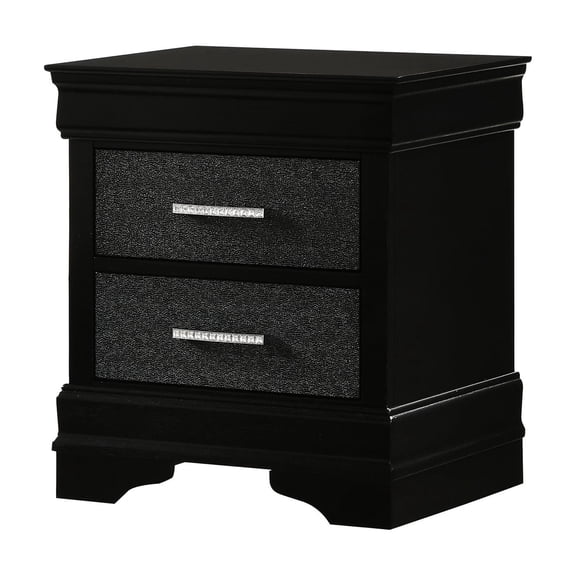 Modern Nightstand With Two Drawers In Black, Solid Wood Construction, Button Tufting, Drawers, Black Finish, Classic Metal Pulls, Strong
