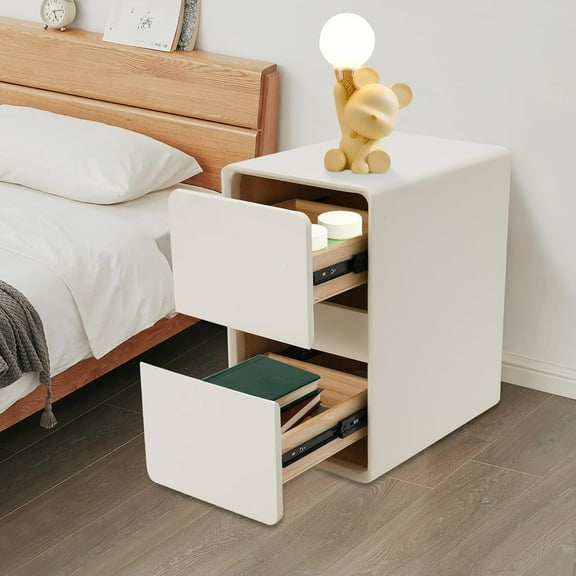 Modern Nightstand for Bedroom - Faux Leather & Solid Wood Drawer Bedside Table - Narrow Sofa Side Table, 19x12x16 inches, Compact & Stylish