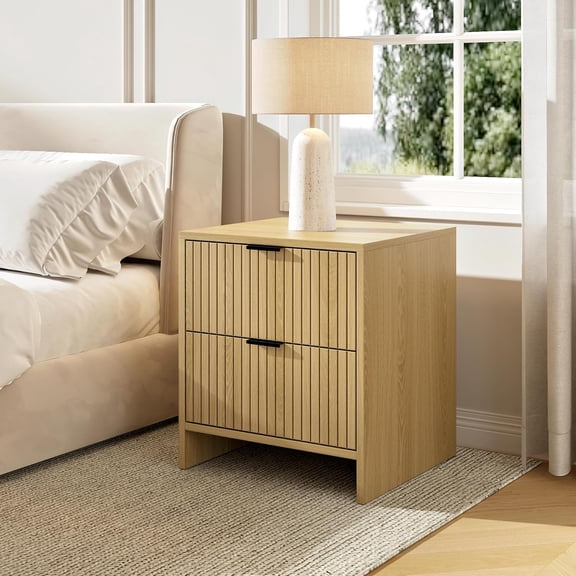 Modern Nightstand with 2 Drawers, Fluted Sofa Side End Table, Wood Bedside Table Night Stand for Living Room, Bedroom, Natural Oak