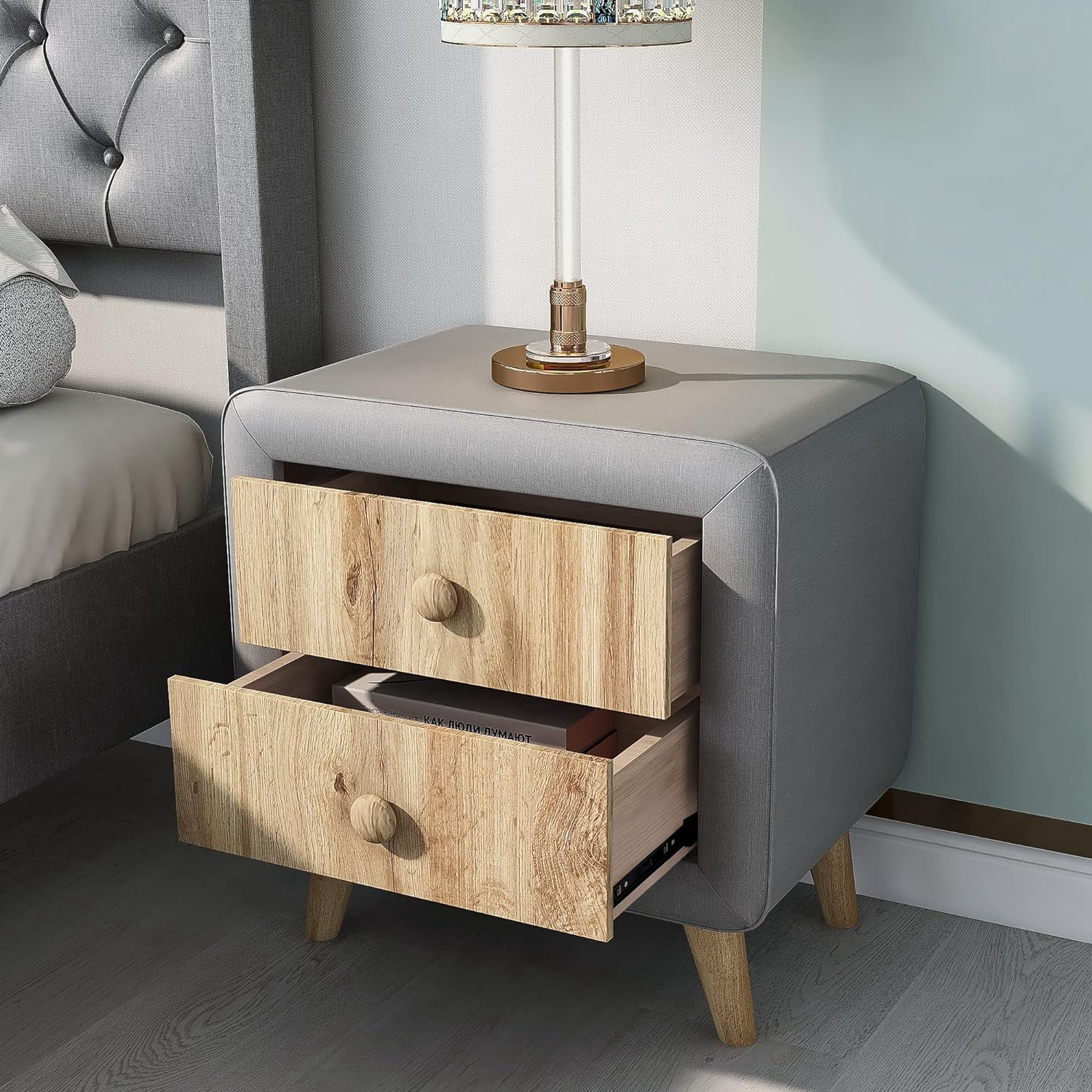 Modern Nightstand with 2 Drawers, Upholstered Wooden Bedside Table