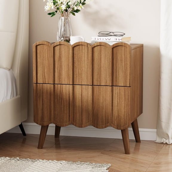 Modern Nightstand with 2 Drawers, Wood Bedside Table with Arch Curved Design, Fluted End Side Table for Bedroom, Brown Night Stand