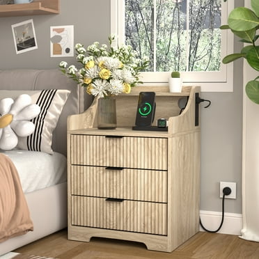 Modern Nightstand with 3 Drawer, Bedside Table with Charging Station, Wooden End Table for Bedroom