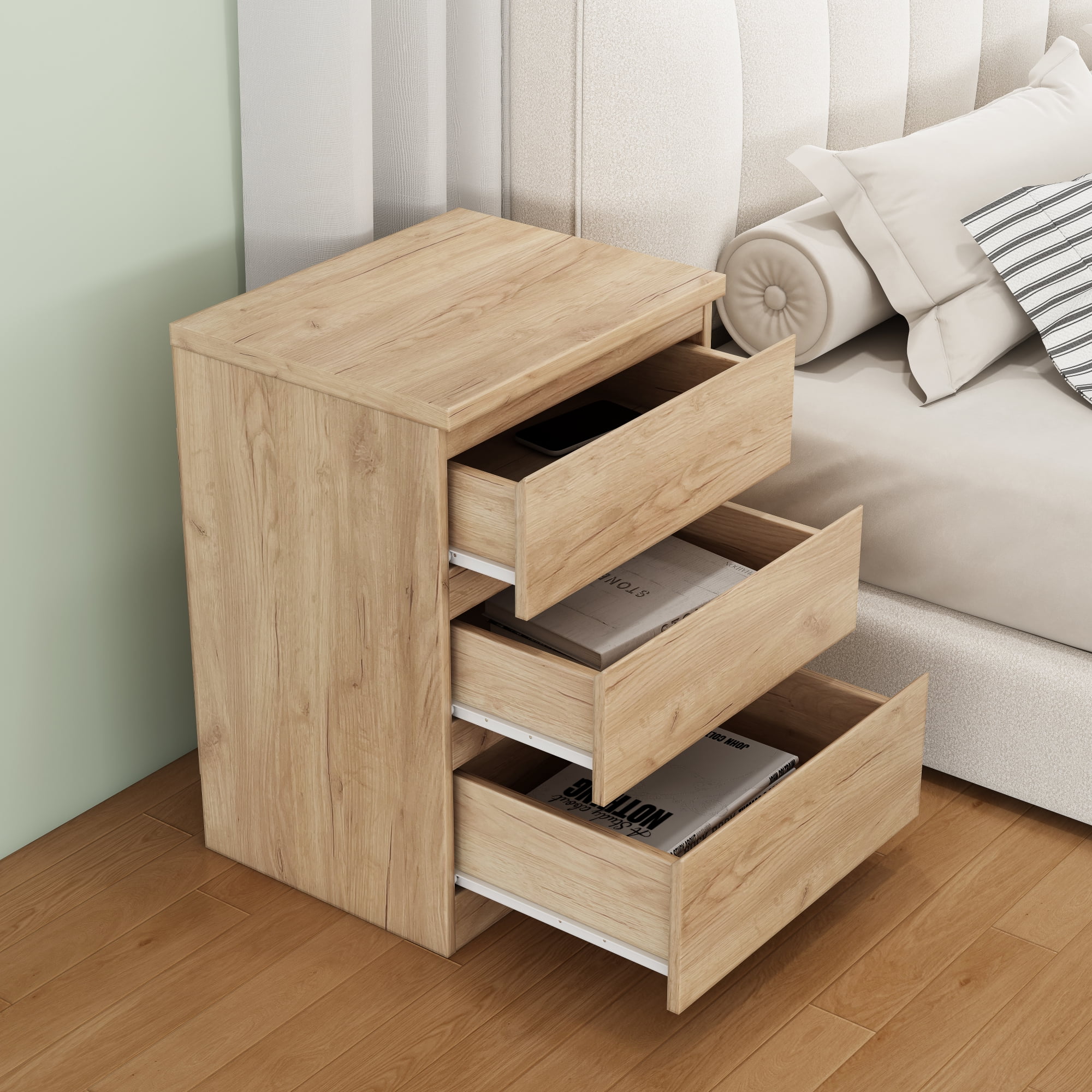 Modern Nightstand with 3 Drawers,Wooden End Table with Hidden Handle,Small Side Table Storage Cabinet for Bedroom,Living Room,Natural