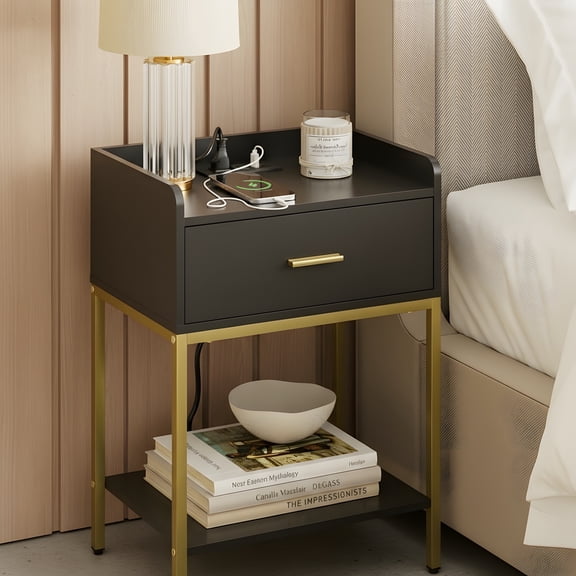 Modern Nightstand with Charging Station - Bedroom Side Table with Drawer & Shelf