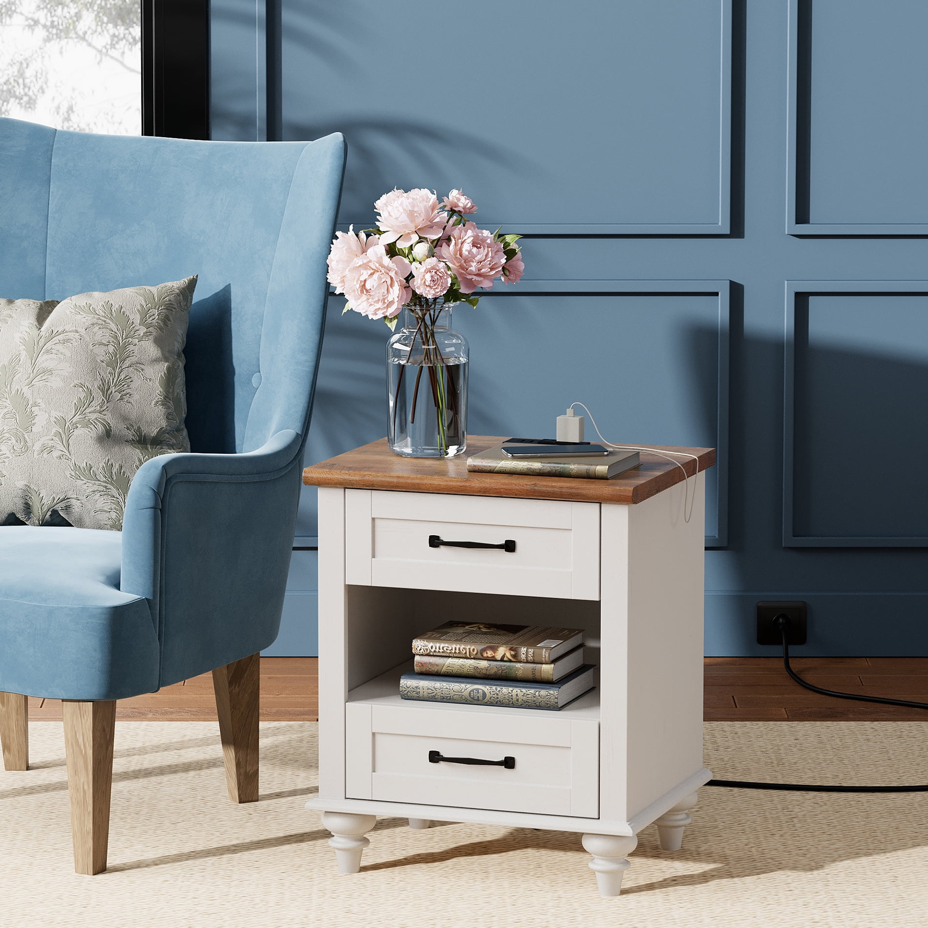 Modern Nightstand with Charging Station Bedside Table with Drawer End Table Side Table for Bedroom Living Room White and Brown