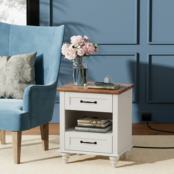 Modern Nightstand with Charging Station, Bedside Table with Drawer, End Table Side Table for Bedroom Living Room, White and Brown