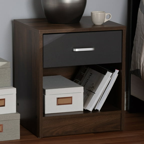 Modern Nightstand with Drawer - Dark Wood & Grey Bedside Table - Compact Storage